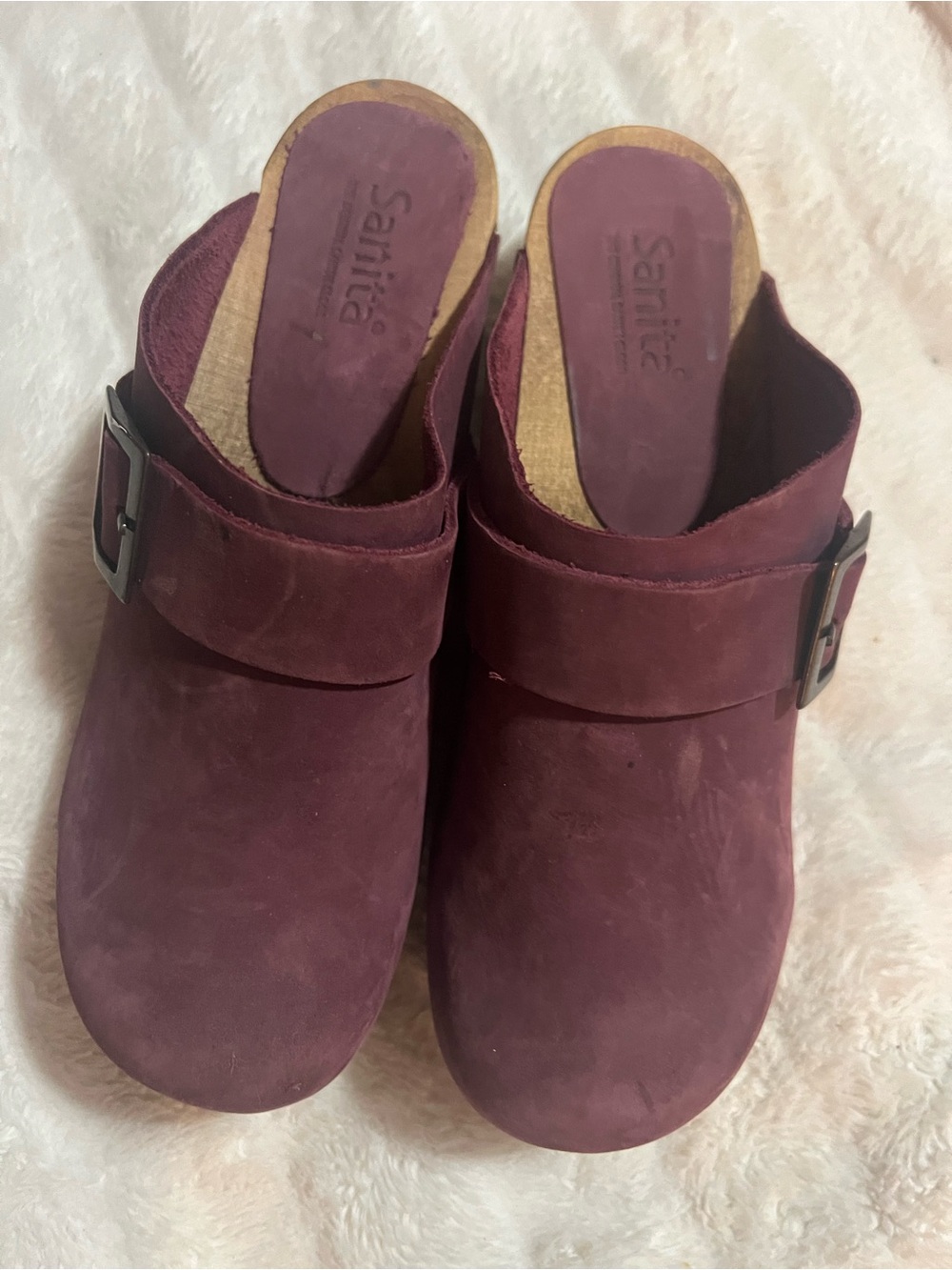 Sanita Wine/Burgundy Nubuck Buckle Clogs
